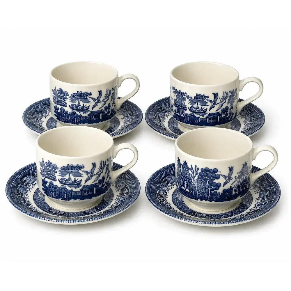 Churchill England Blue Willow Cup & Saucer Set of 4